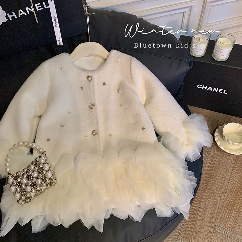Baby Clothing Winter - 女の子の毛皮のようなプリンセスメッシュコート秋と冬の新しいミッドレングスキルティング子供服ベビー誕生日ドレス