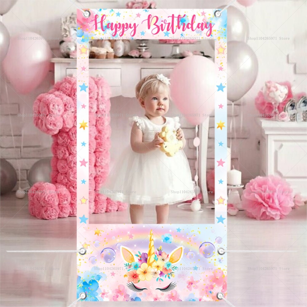 Baby Clothing Event - ユニコーンテーマフォトブースフレーム小道具女の子新生児1歳の誕生日パーティー装飾写真撮影背景小道具ベビーパーティーバナー