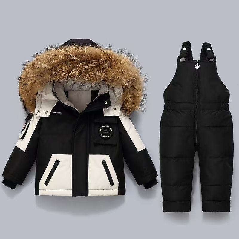Baby Clothing Zipper - 2026 冬子供用ダウンジャケットサーマルセットベビー厚手よだれかけズボン男の子と女の子の冬服ツーピースセット