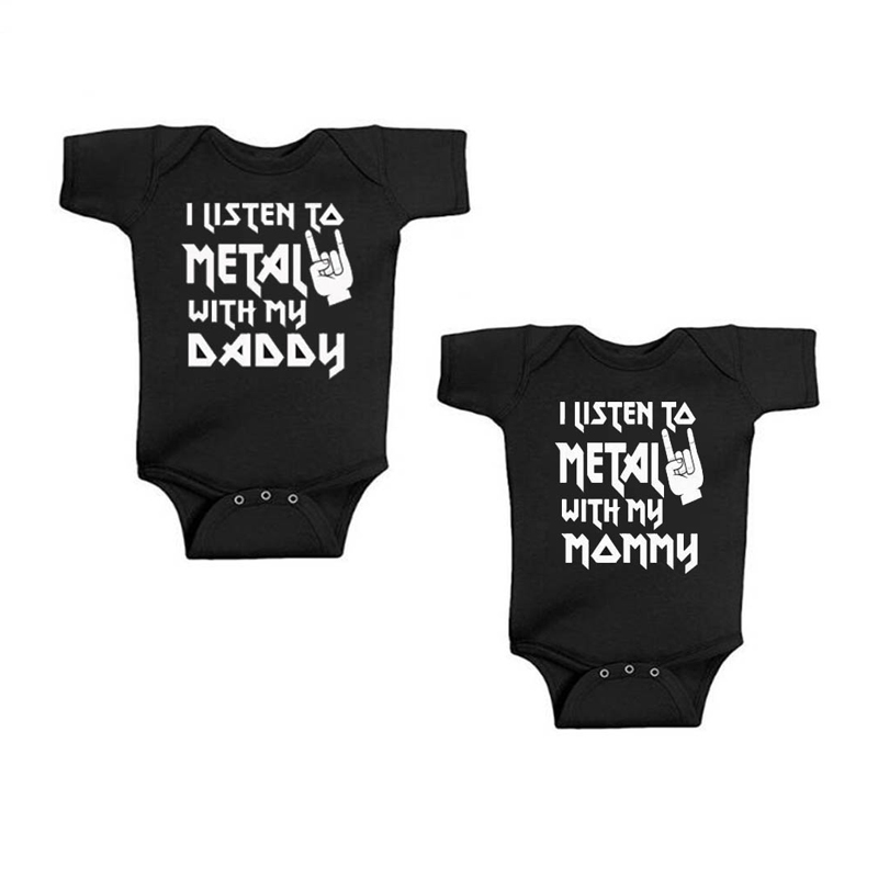 Baby Clothing Next - 新生児用の楽しい半袖ボディスーツ,パパとママと一緒に金属を聞く男の子と女の子のロンパースの服