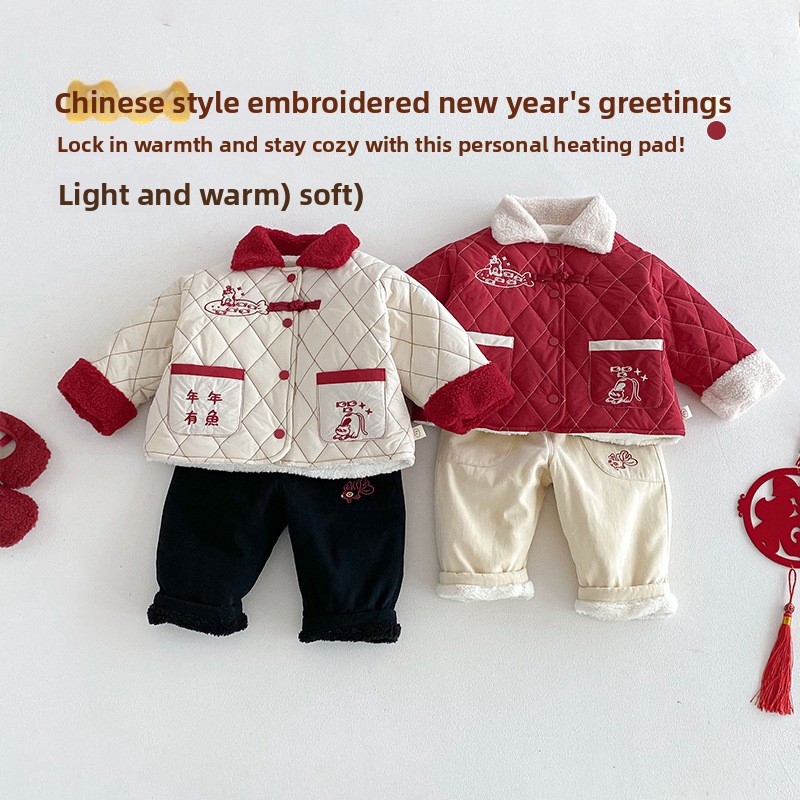 Baby Clothing Winter - 子供用新年服2025年新作冬物男の子刺繍入り漫画風ぬいぐるみ綿服ベビー綿服