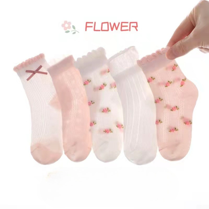 Baby Clothing Knitting Patterns - 女の子の靴下かわいい花柄子供靴下 5 ペア/ロット春夏綿子供用ベビー少女服アクセサリー