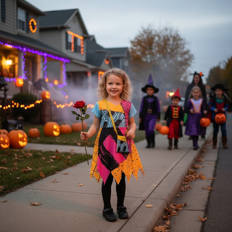 Baby Clothing Europe - 2026年ハロウィンホラーパーティーコスプレ衣装 女の子用 ナイトメアー・ビフォア・クリスマス風 ロールプレイドレスアップ 幼児用 クラシックサリードレス