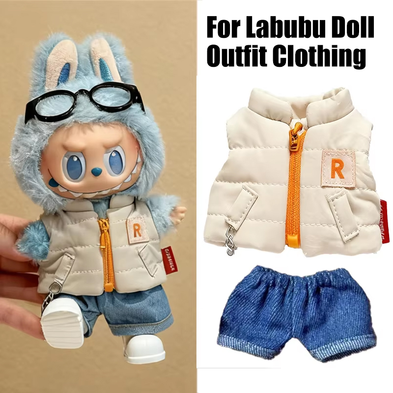 Baby Clothing Winter - 15～17cmのラビュブドール用、無地の冬用ダウンベスト、ジーンズ、靴、完全な服装、カラーブロッキングTシャツの服一式