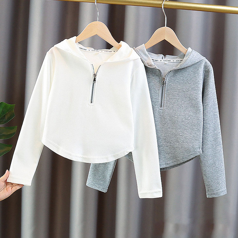 女の子の綿のハーフジップクロップドスウェットシャツ、キッズジ - Baby Clothing Zipper のレビューと価格
