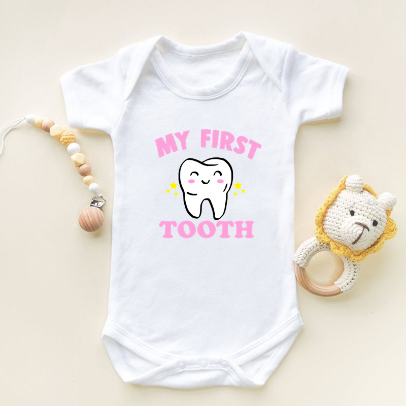 私は最初の歯プリント半袖ベビーロンパース幼児新生児ボディスー - Baby Clothing Next のレビューと価格