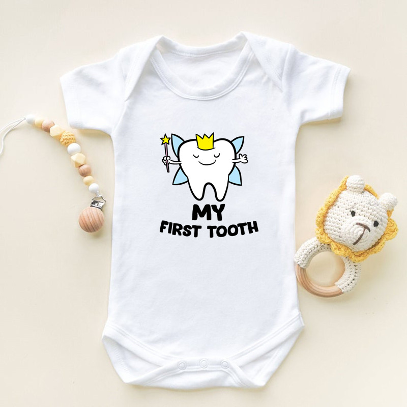 私は最初の歯プリント半袖ベビーロンパース幼児新生児ボディスー - Baby Clothing Next のレビューと価格