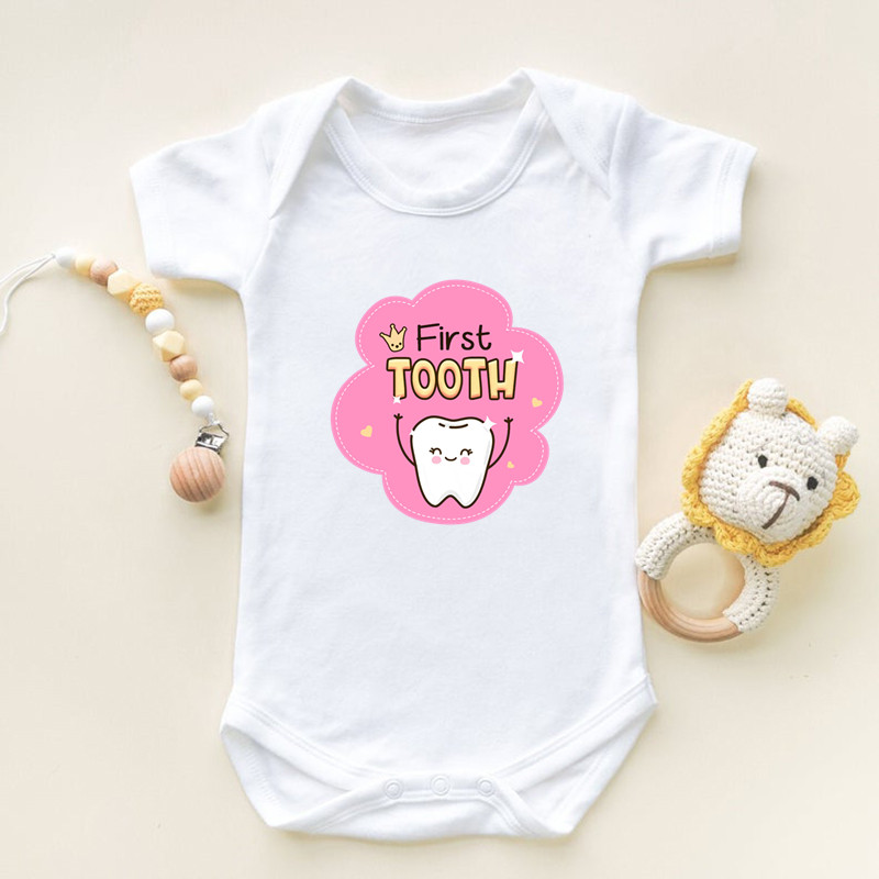 私は最初の歯プリント半袖ベビーロンパース幼児新生児ボディスー - Baby Clothing Next のレビューと価格