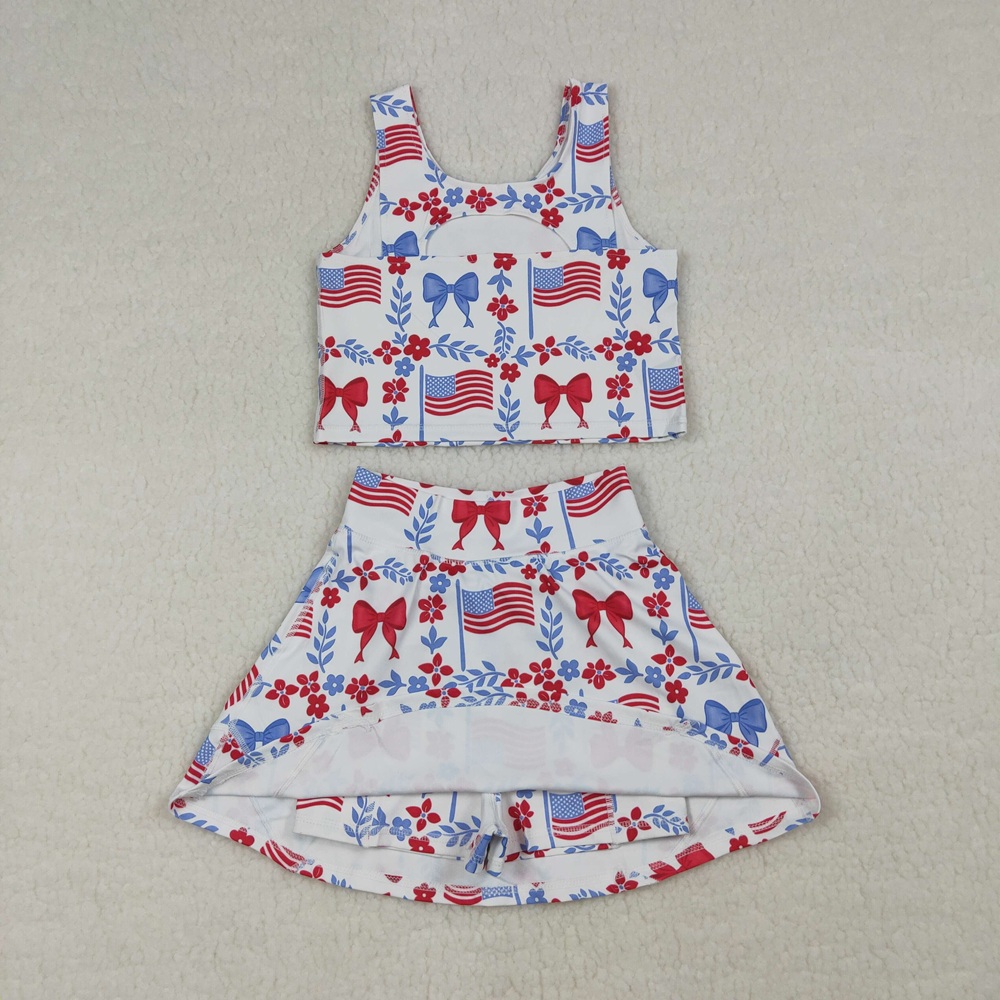 卸売幼児用旗柄ボウシャツスカートショーツキッズスコートセット - Baby Yoga Clothing のレビューと価格